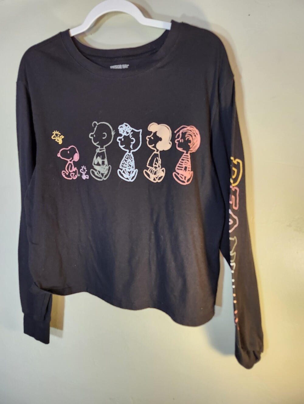 Peanuts Black Long-Sleeve Tee with Pastel Character Line Art